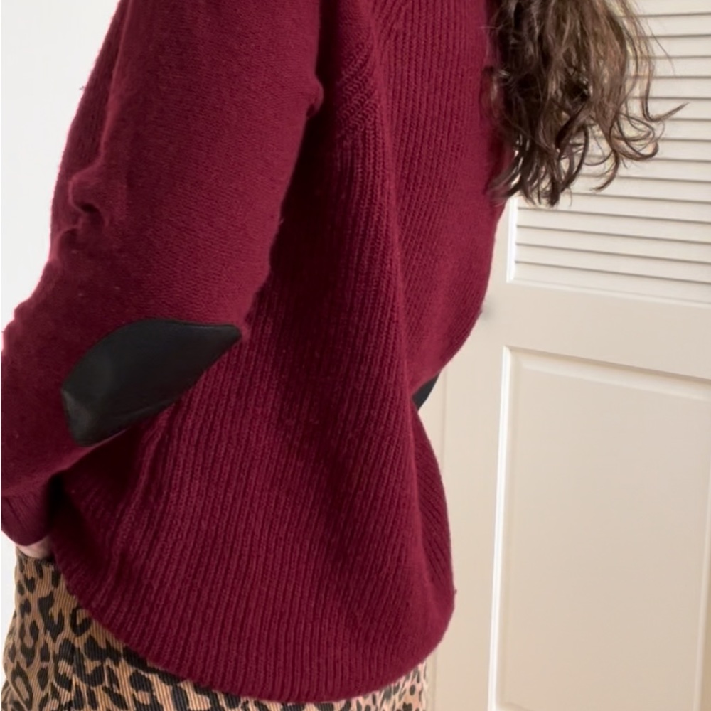 J. Crew Cable Knit Crew Neck Wool Leather Patch Sweater Maroon Red Size Small